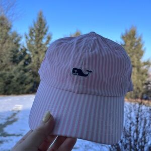 Vineyard Vines pink white striped seersucker baseball cap hat